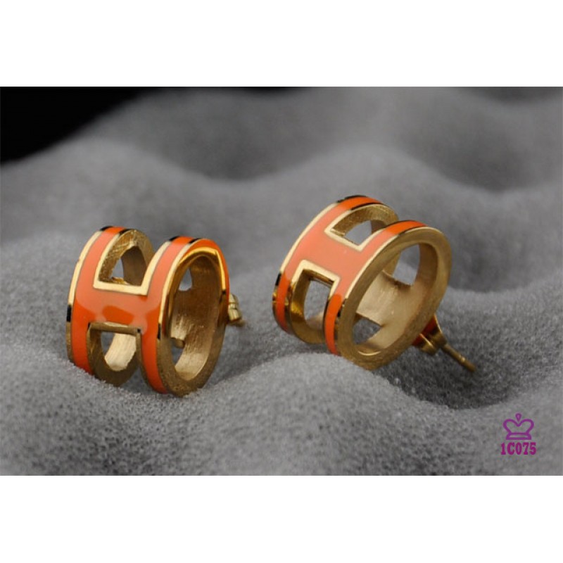 Shop For Lacquered Hermes Pop H Orange Earrings In Yellow Gold